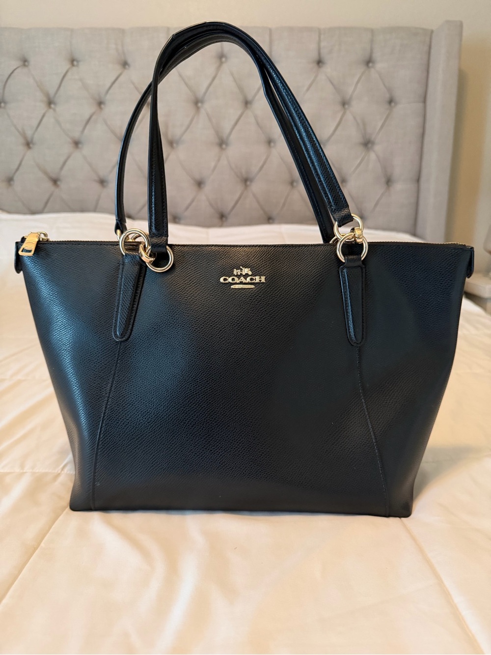 Coach Black Leather Tote with Gold-Tone Hardware